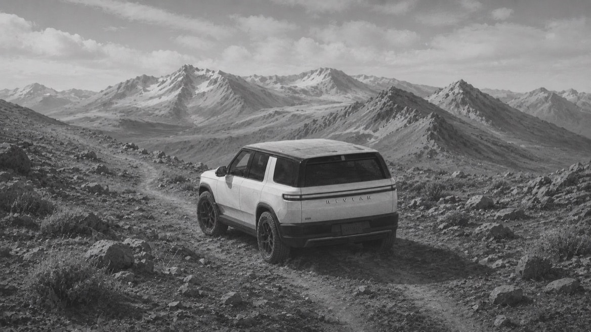 A Rivian on a winding trail through a mountain landscape